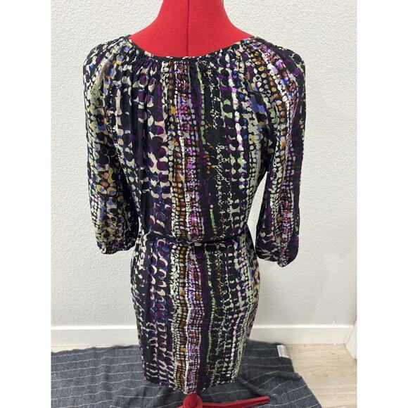 Abstract Print Dress 3/4 Sleeve V Neck Tie Waist Multicolor - Picture 2 of 6